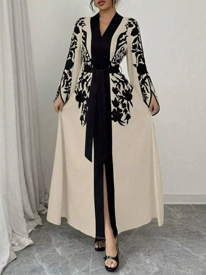 Printed Tie Waist Elegant Maxi Dress