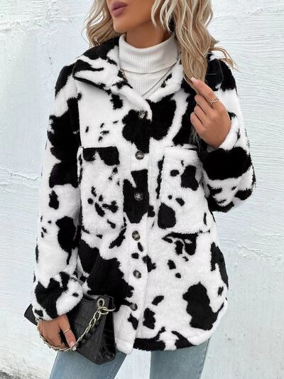 Cow Print Collared Neck Button Up  Jacket  DAME BOHEME