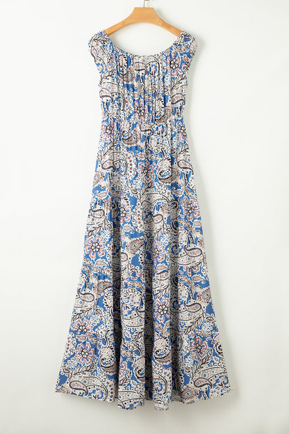 Blue Boho Paisley Print Off Shoulder Maxi Dress  DAME BOHEME