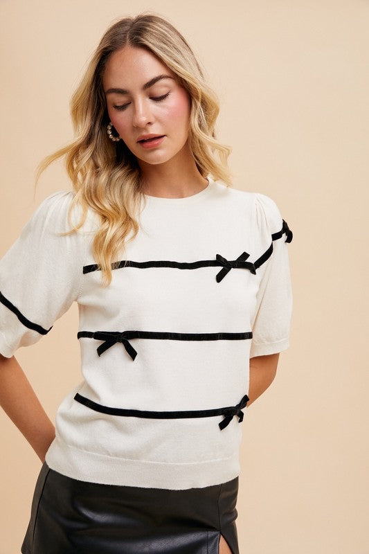 Contrast Striped Bow Round Neck Knit Top Trendsi