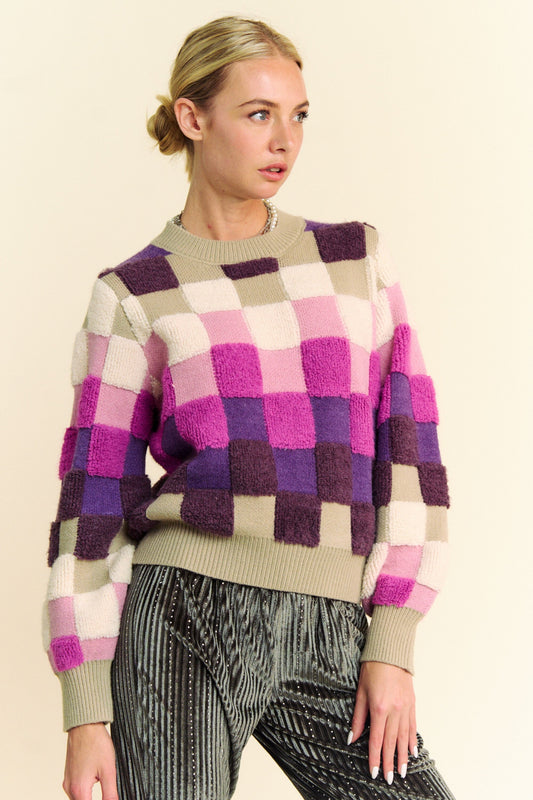 Davi & Dani Checkered Round Neck Long Sleeve Sweater Trendsi
