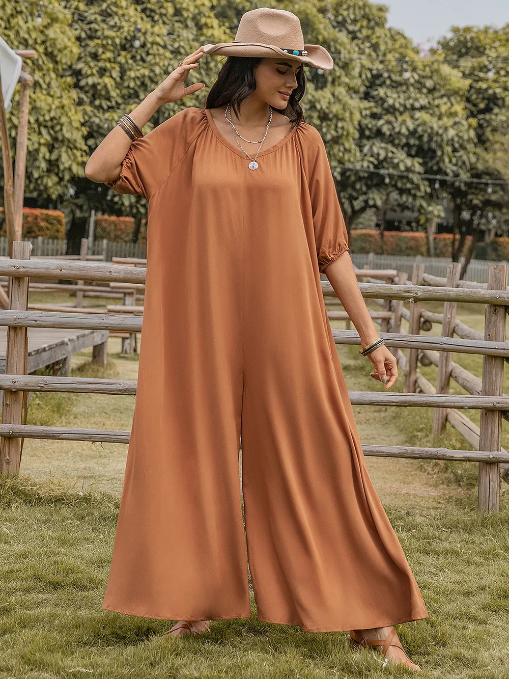 Scoop Neck Half Sleeve Wide Leg Jumpsuit Trendsi