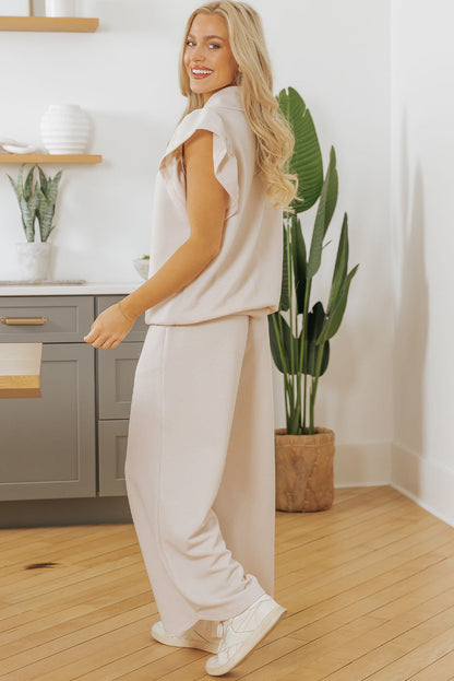 Kallie Ruffled Sleeve Zipped Top and Wide Leg Pants Set  DAME BOHEME