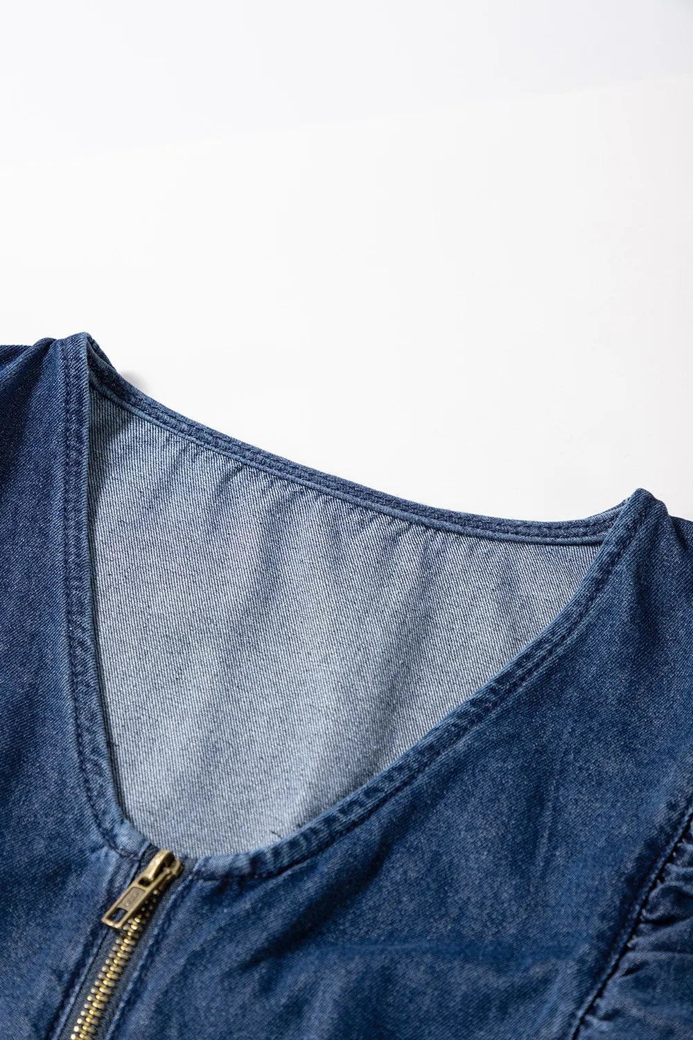 Denim Ruffled Zipped Front Belted Romper Trendsi