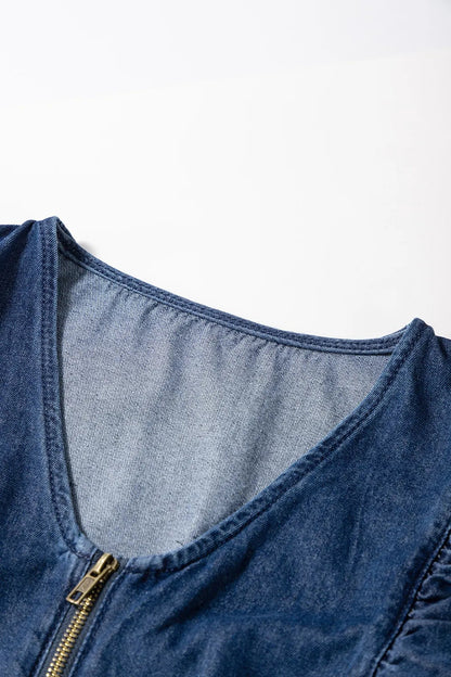 Denim Ruffled Zipped Front Belted Romper Trendsi