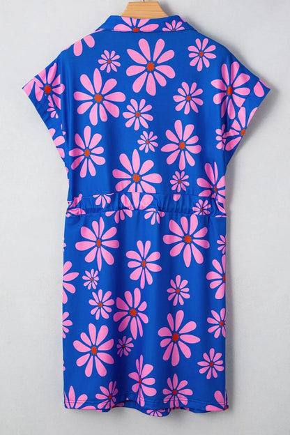 Floral Print Zip Collar Drawstring Summer Mini Dress Trendsi
