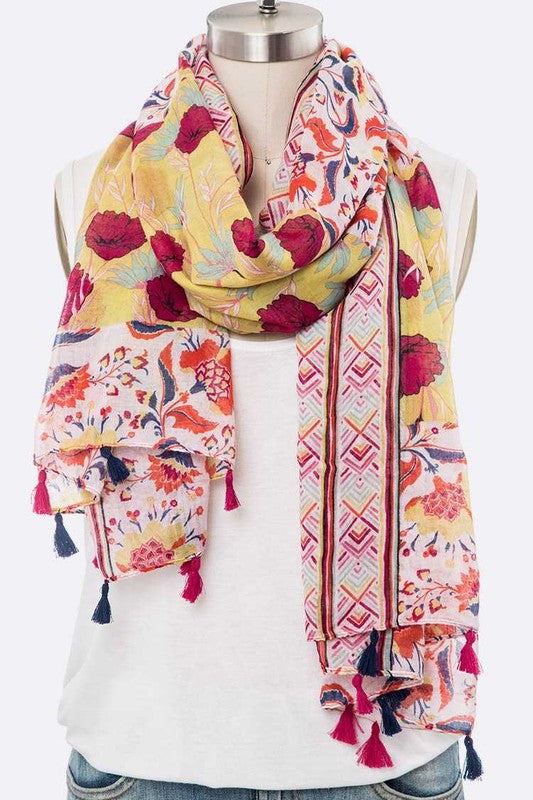 Mix Flower Vibrant Print Large Tassel Scarf LA Jewelry Plaza