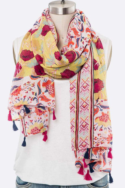 Mix Flower Vibrant Print Large Tassel Scarf LA Jewelry Plaza