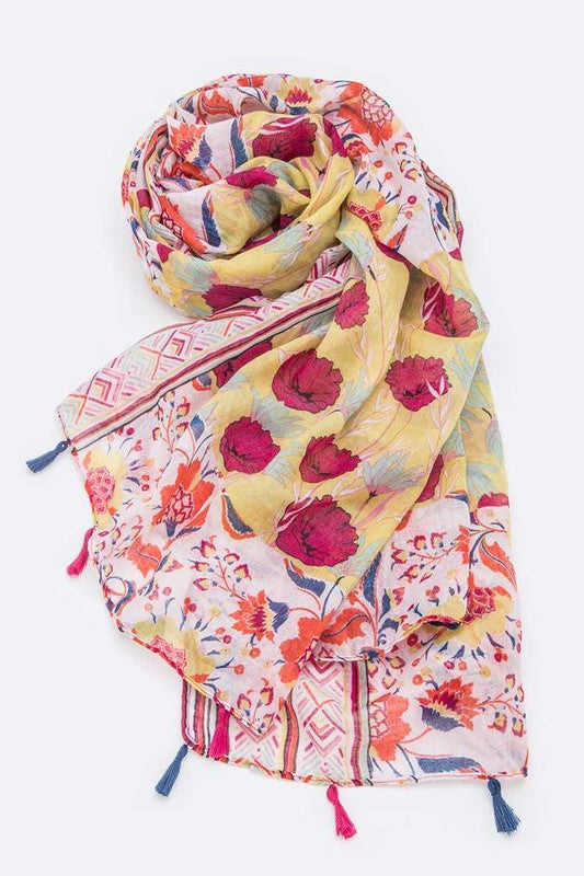 Mix Flower Vibrant Print Large Tassel Scarf LA Jewelry Plaza