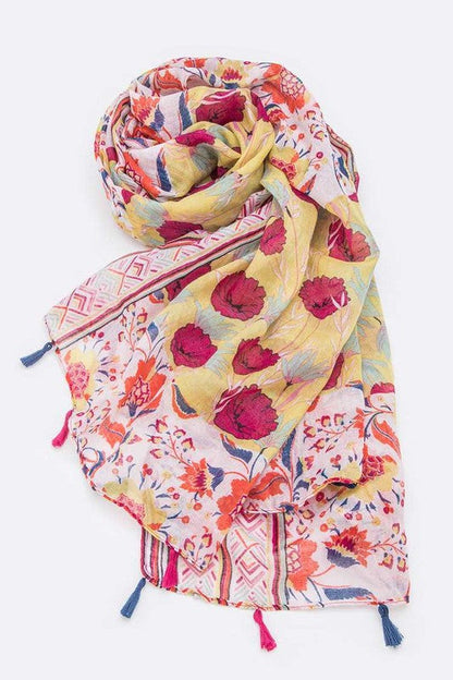 Mix Flower Vibrant Print Large Tassel Scarf LA Jewelry Plaza