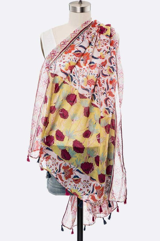Mix Flower Vibrant Print Large Tassel Scarf LA Jewelry Plaza