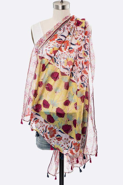 Mix Flower Vibrant Print Large Tassel Scarf LA Jewelry Plaza