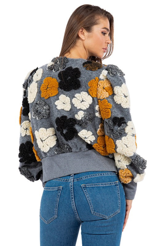 Monochrome 3D Flowers Woolen Textured Button-up Bomber Jacket