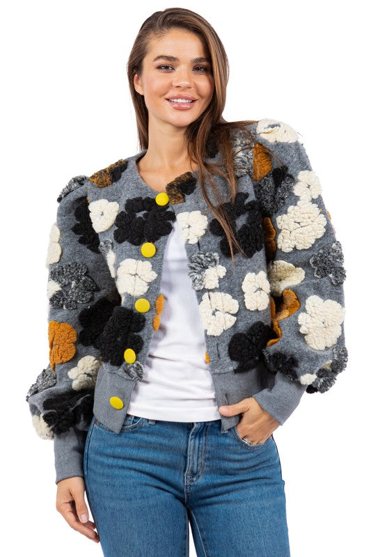 Monochrome 3D Flowers Woolen Textured Button-up Bomber Jacket