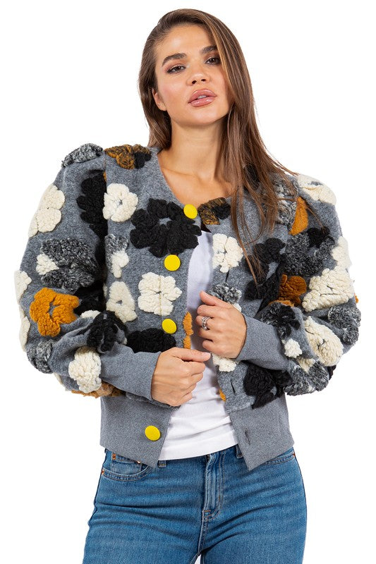 Monochrome 3D Flowers Woolen Textured Button-up Bomber Jacket