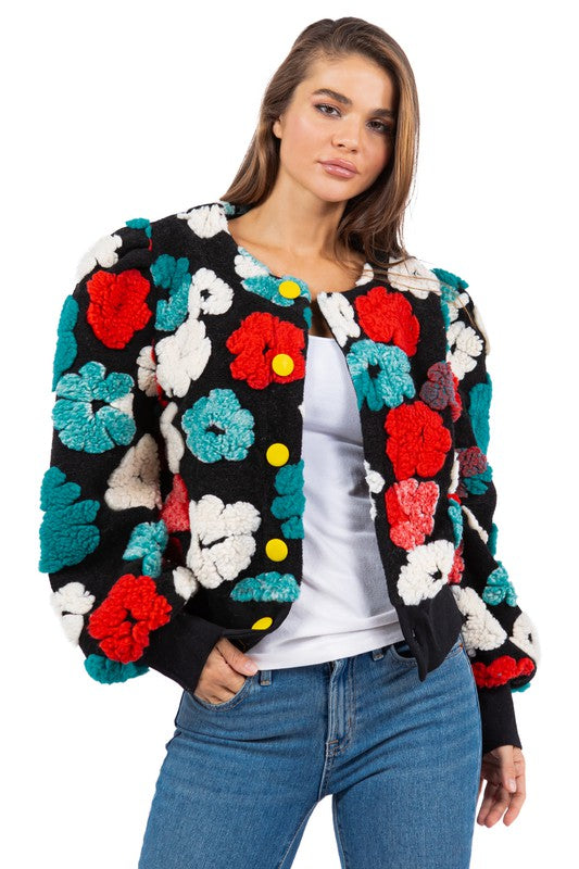 Colorful 3D Flowers Woolen Textured Outwear Bomber Jacket