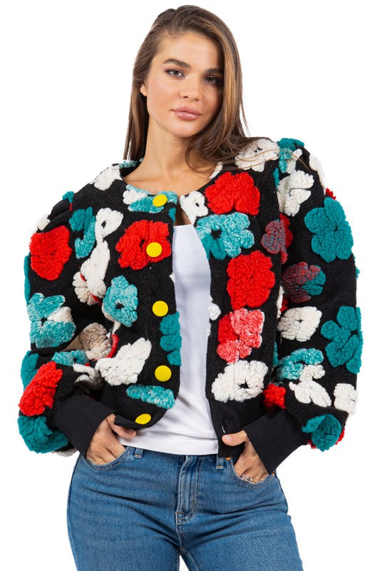 Colorful 3D Flowers Woolen Textured Outwear Bomber Jacket