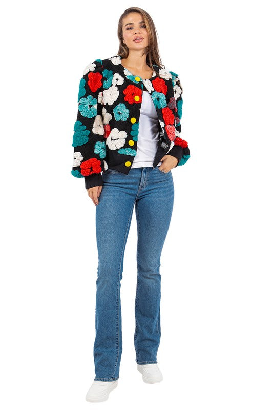 Colorful 3D Flowers Woolen Textured Outwear Bomber Jacket