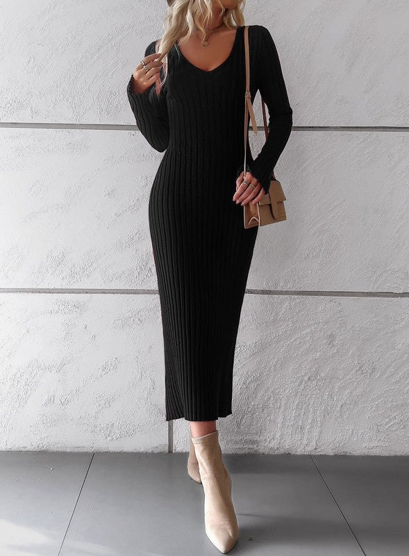 V-Neck Long Sleeve Midi Ribbed Knit Dress