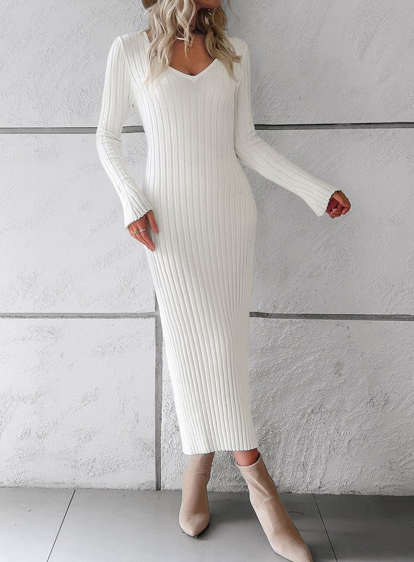 V-Neck Long Sleeve Midi Ribbed Knit Dress