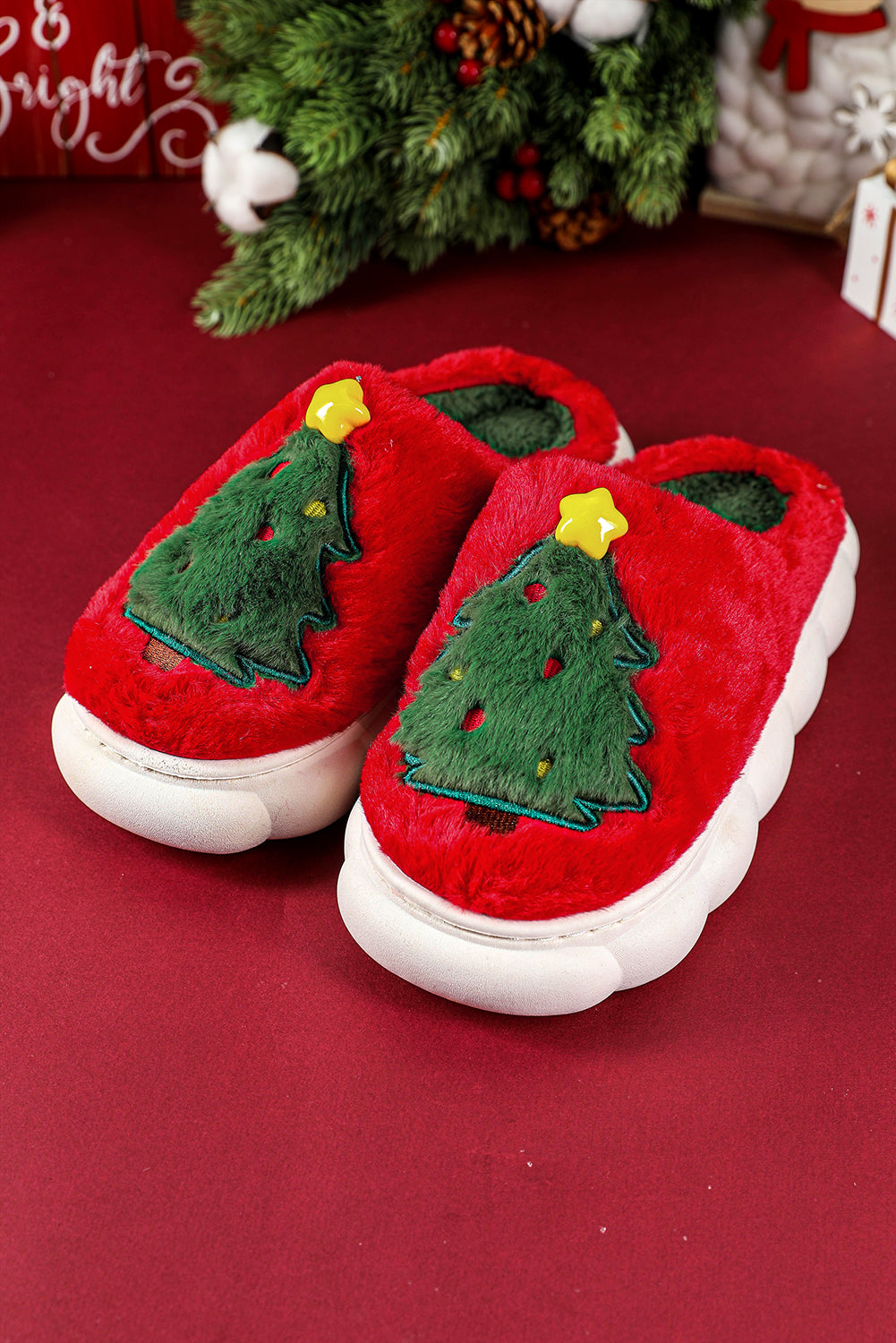Fiery Red Christmas Tree Graphic Plush Slippers  DAME BOHEME