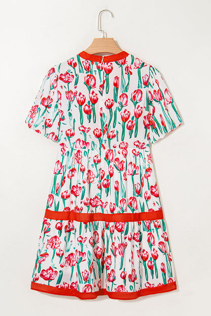 Pink Floral Print Contrast Trim V Neck Bubble Short Sleeve Babydoll Dress  DAME BOHEME