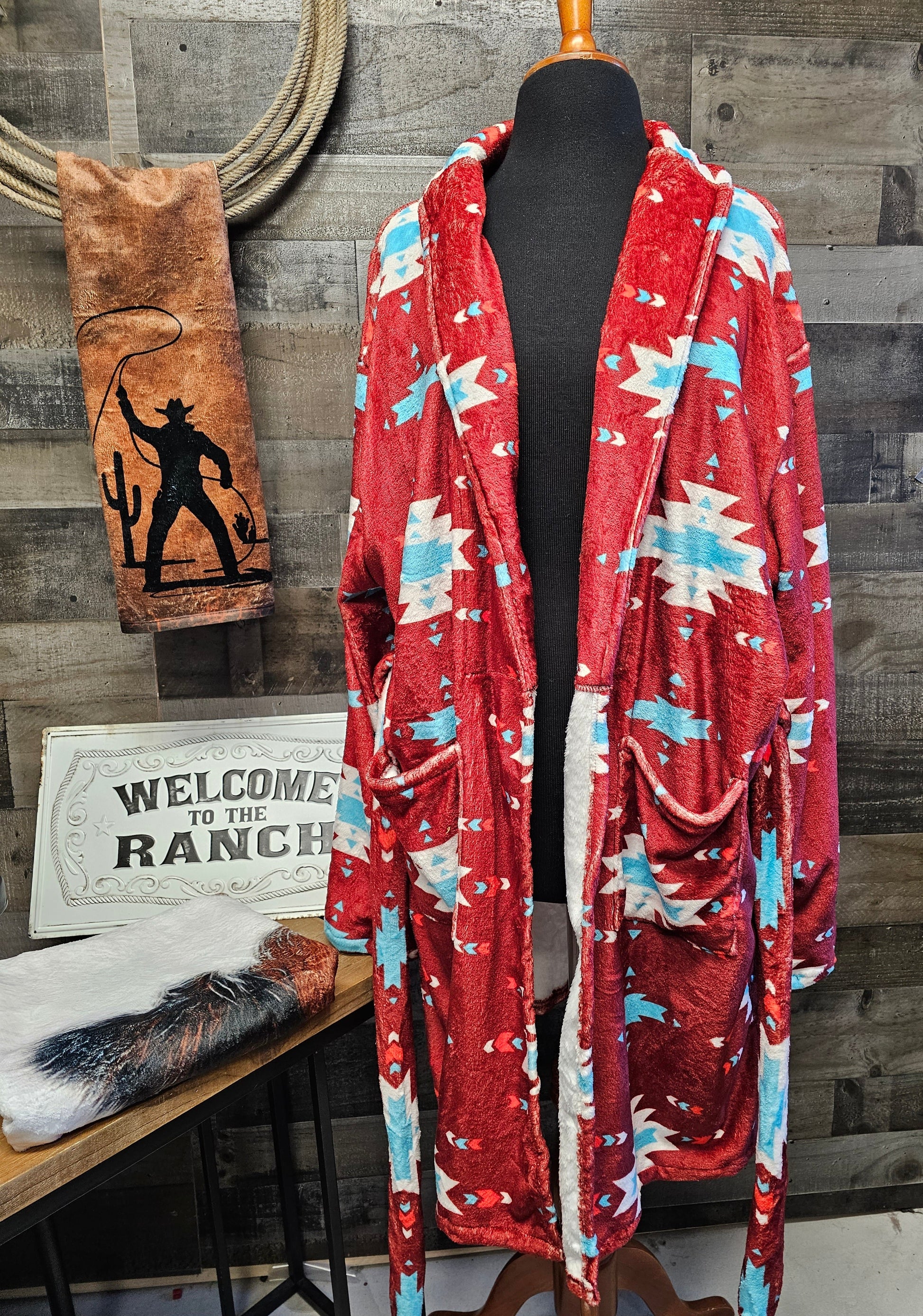 Burgundy Aztec Women's Western Bath Robe  DAME BOHEME