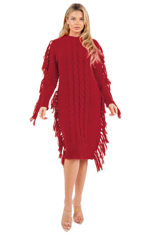 Sexy Fashion Tassel Cable Knit Sweater Dress - Plus Size Available