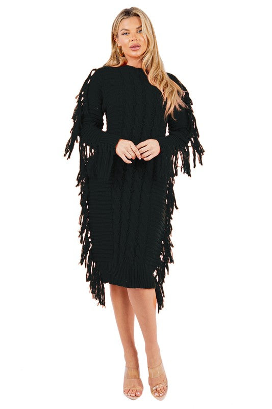 Sexy Fashion Tassel Cable Knit Sweater Dress - Plus Size Available