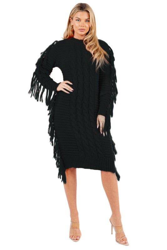 Sexy Fashion Tassel Cable Knit Sweater Dress - Plus Size Available