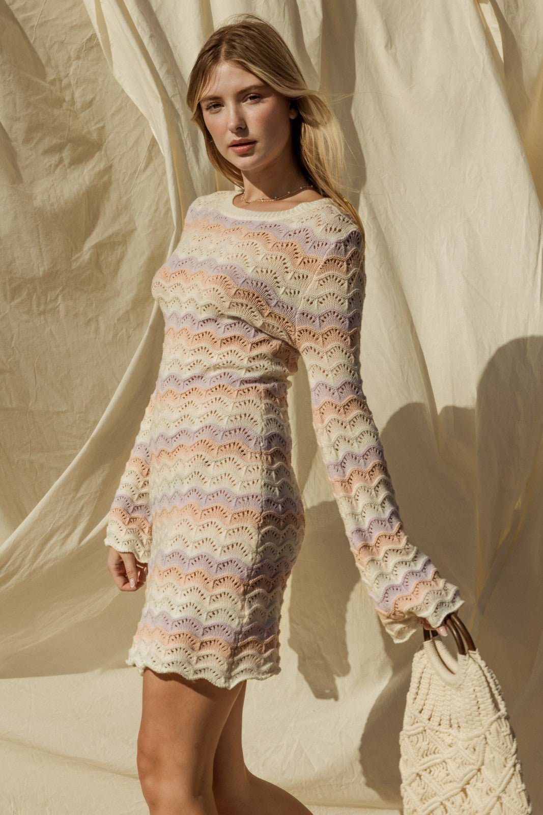 Bell Sleeve Open Knit Scalloped Mini Dress Gilli