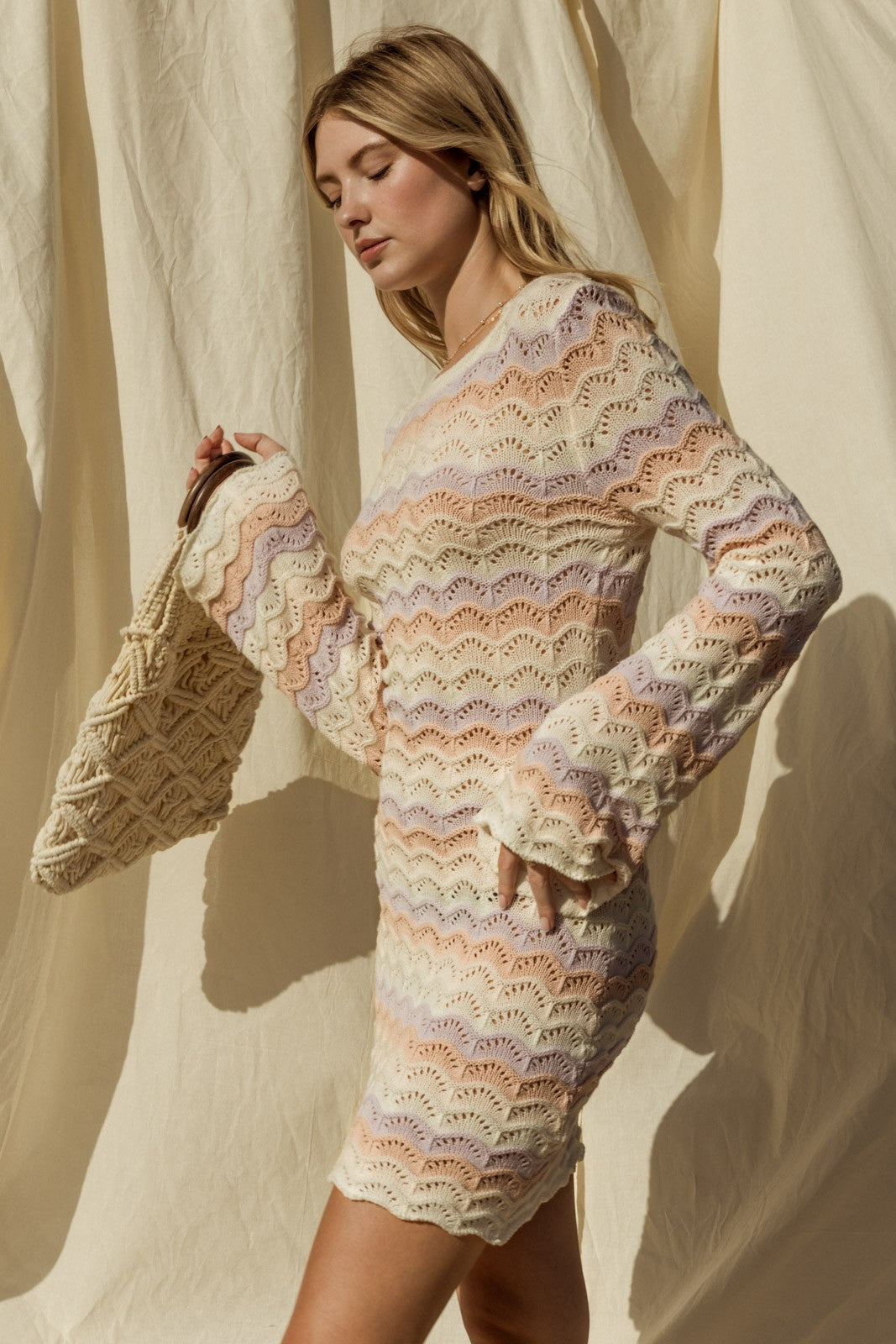 Bell Sleeve Open Knit Scalloped Mini Dress Gilli