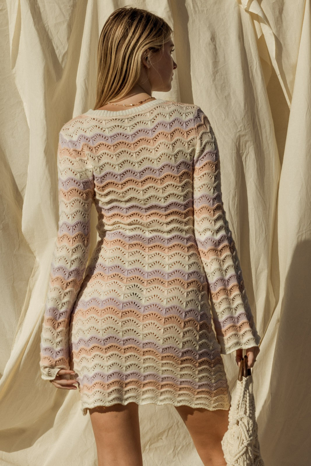 Bell Sleeve Open Knit Scalloped Mini Dress Gilli