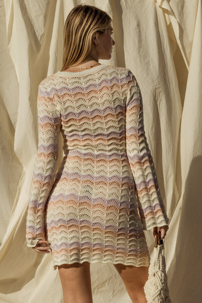 Bell Sleeve Open Knit Scalloped Mini Dress Gilli