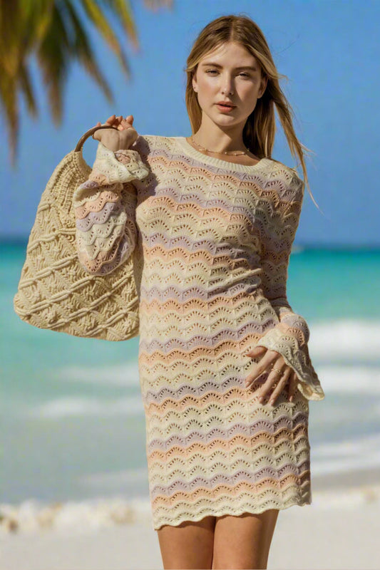 Bell Sleeve Open Knit Scalloped Mini Dress Gilli
