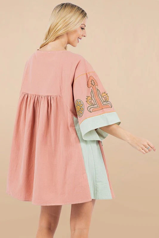 Printed V-Neck Kimono Sleeve Mini Dress Trendsi