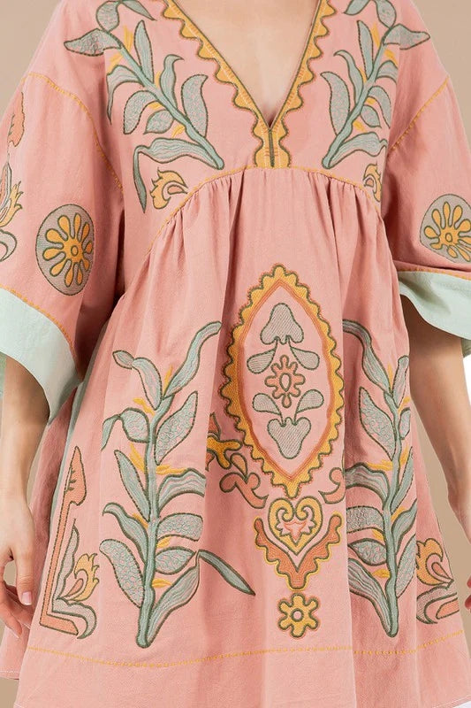 Printed V-Neck Kimono Sleeve Mini Dress Trendsi