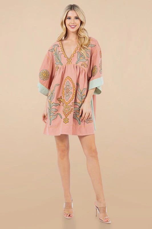 Printed V-Neck Kimono Sleeve Mini Dress Trendsi