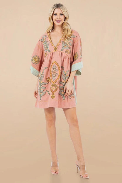 Printed V-Neck Kimono Sleeve Mini Dress Trendsi