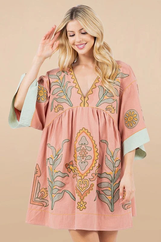 Printed V-Neck Kimono Sleeve Mini Dress Trendsi