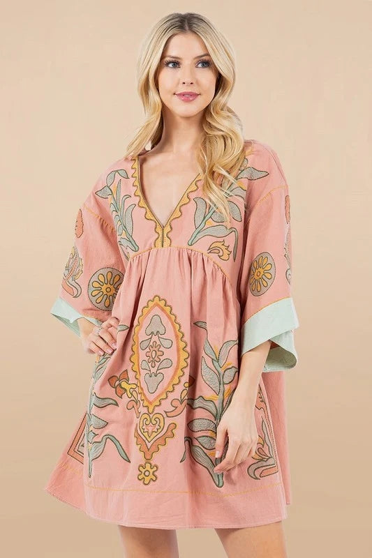 Printed V-Neck Kimono Sleeve Mini Dress Trendsi