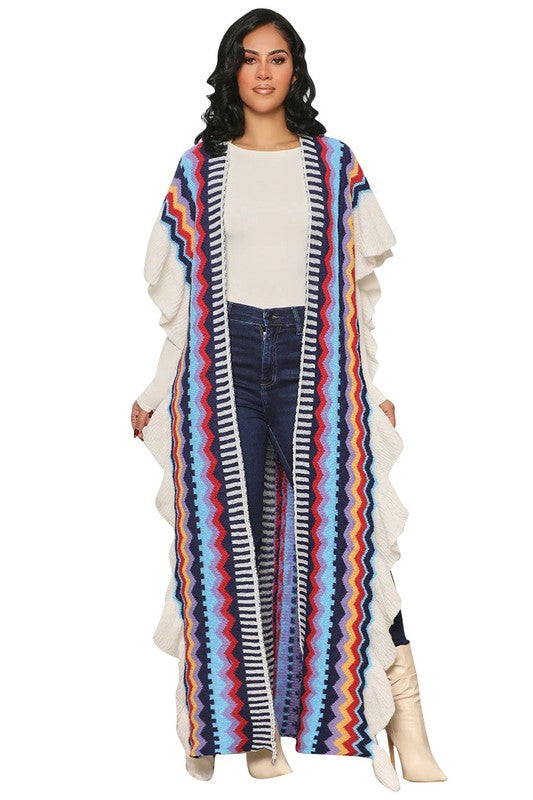 Cascade Ruffles Cover-Up Striped Knit Duster