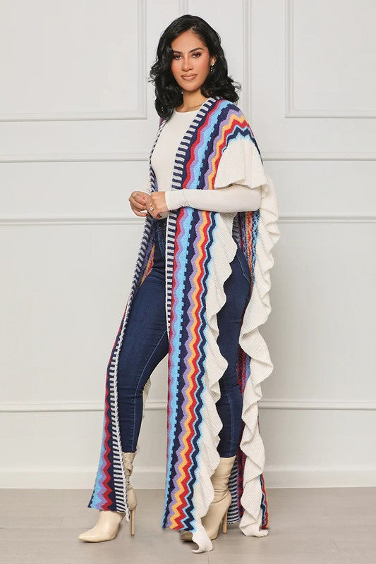 Cascade Ruffles Cover-Up Striped Knit Duster