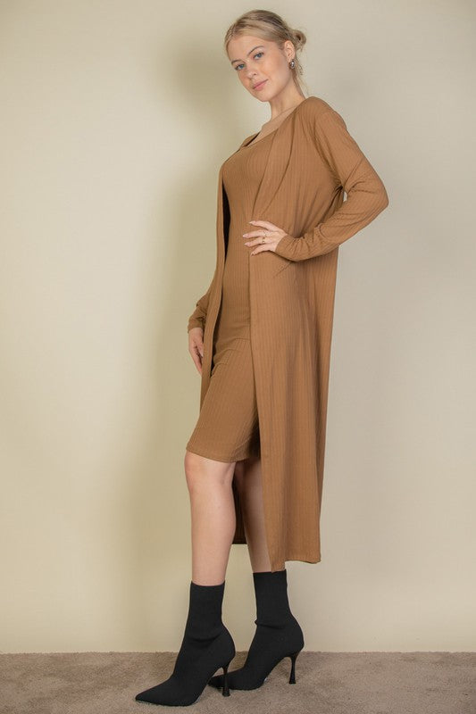 Ribbed Cardigan & Cami Midi Bodycon Dress Set Capella
