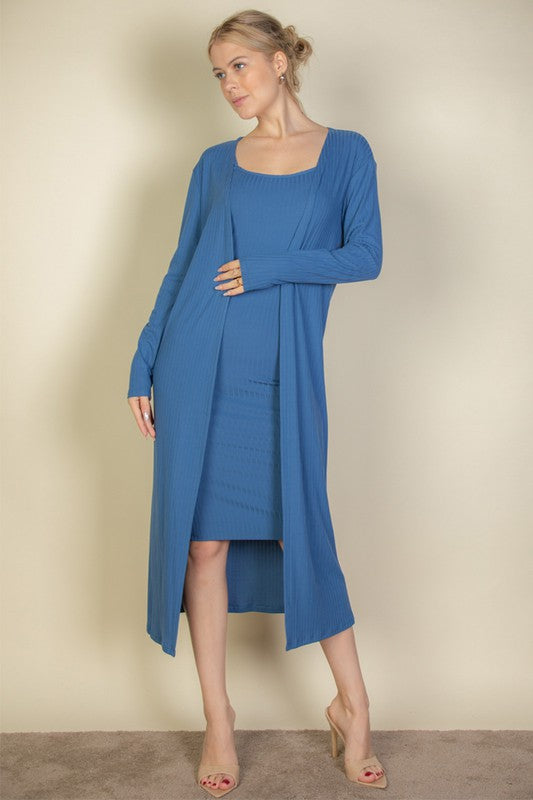 Ribbed Cardigan & Cami Midi Bodycon Dress Set Capella
