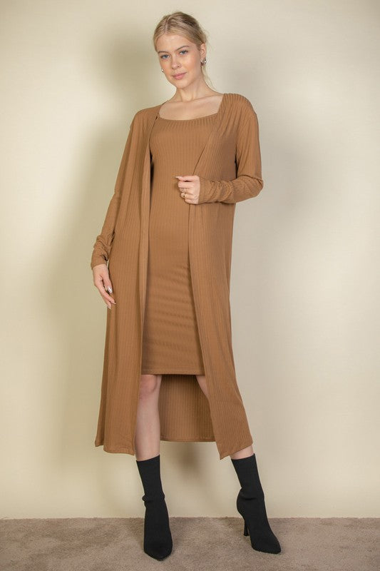 Ribbed Cardigan & Cami Midi Bodycon Dress Set Capella