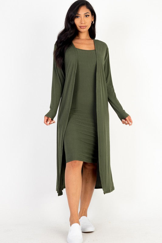Ribbed Cardigan & Cami Midi Bodycon Dress Set Capella