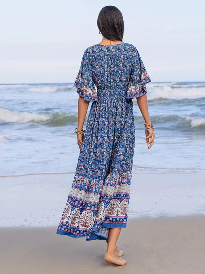 Bohemian Ruched Printed Flounce Sleeve Midi Dress Trendsi