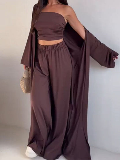 Tube Top, Long Cardigan and Flared Long Pants Three Piece Casual Set  DAME BOHEME