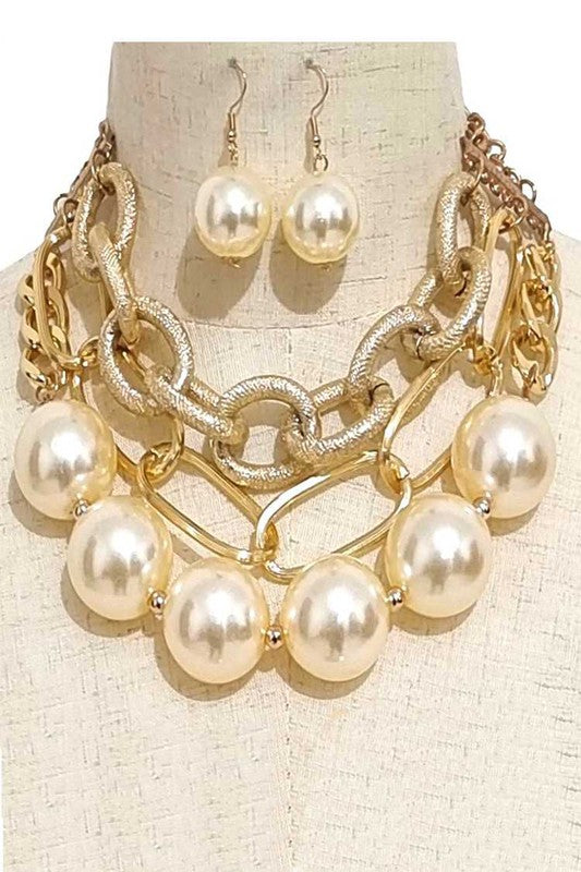 Oversized Pearls Chain Layered Statement Necklace and Earrings Set